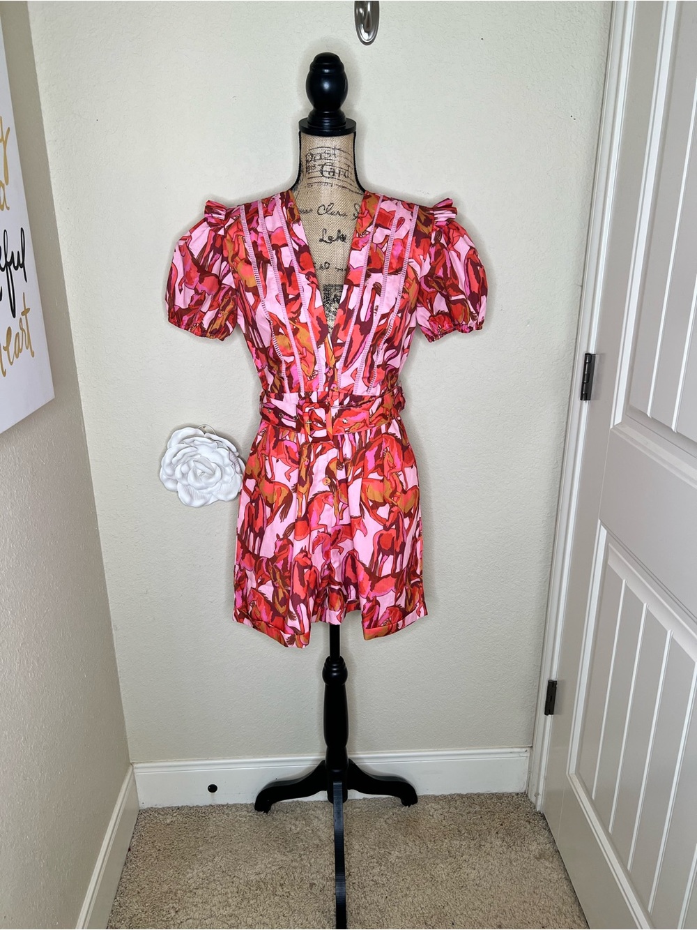 NTM: BEULAHSTYLE Palomino Horse Print Belted Romper Pink Red NWT Size L